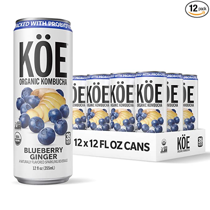  Koe Organic Kombucha Cans, Blueberry Ginger | Sparkling Fruit Drinks With Live Probiotics and Vitamin C | NEW PACKAGING - 12 oz Pack of 12  - 857416006863
