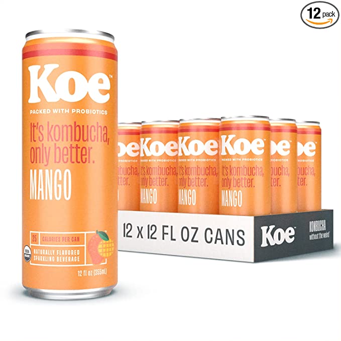  Koe Organic Kombucha Cans, Mango | Sparkling Fruit Drinks With Live Probiotics and Vitamin C | NEW PACKAGING - 12 oz Pack of 12  - 857416006917