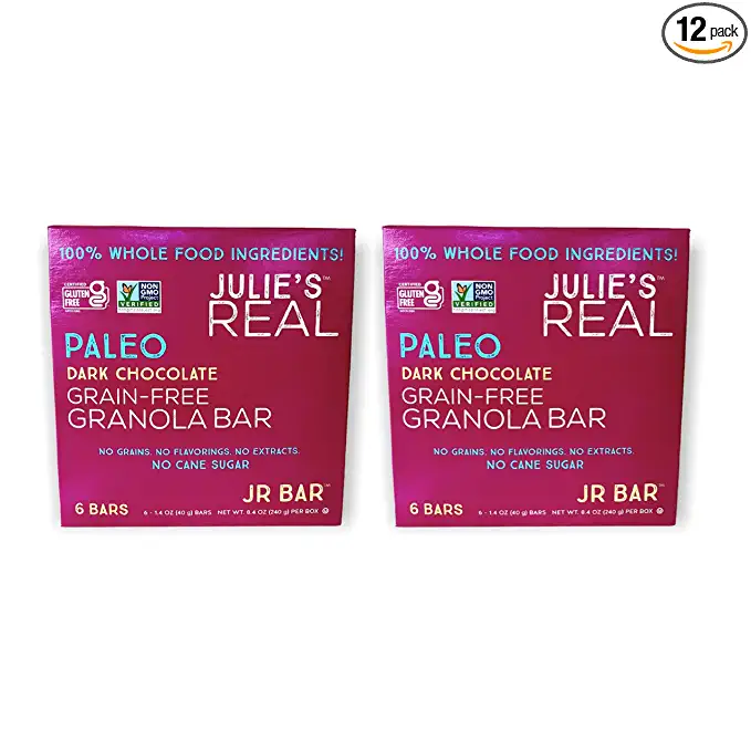  Julie's Real Grain-Free Granola Bars, JR BAR™, Dark Chocolate - Certified Gluten-Free, Non-GMO Project Verified, Paleo, Kosher - No Cane Sugar, All Real, Natural Ingredients - Healthy Snack and Breakfast Energy Bar - Pack of 12  - 857628006729