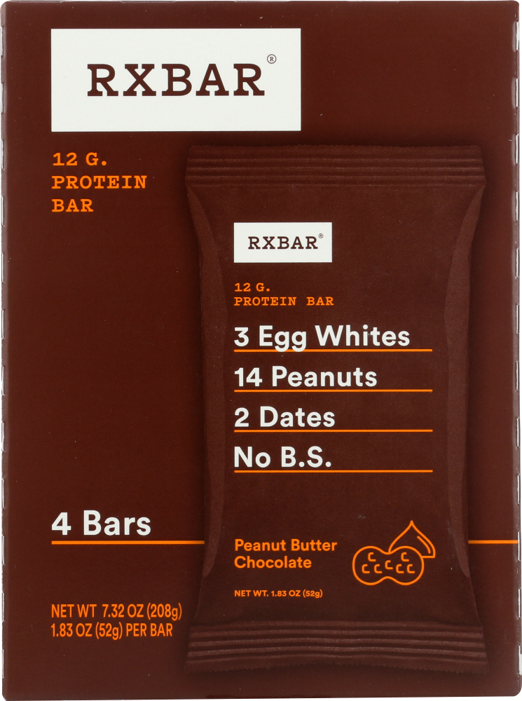 RXBAR Real Food Protein bar, Peanut Butter Chocolate, Gluten Free, 1.83oz Bars, 4Count, 1.83 oz - 857777004904