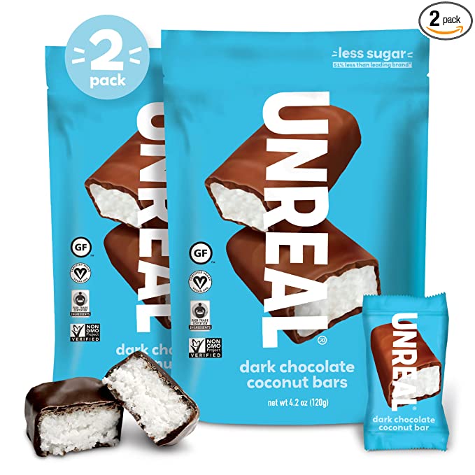  UNREAL Dark Chocolate Coconut Bars | 3g Sugar | Certified Vegan, Gluten Free, Fair Trade, Non-GMO | No Sugar Alcohols or Soy | 2 Bags  - 858135003027