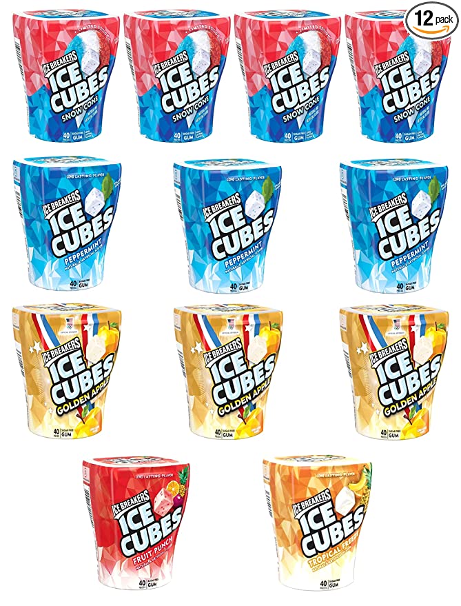  Ice Breakers Ice Cubes LIMITED-EDITION Assortment, Fruit Punch, Tropical Freeze, Snow Cone, Golden Apple and Peppermint. Deliciously Refreshing Sugar Free Gum, 40 Pieces each, 12 Packs  - 858218009304