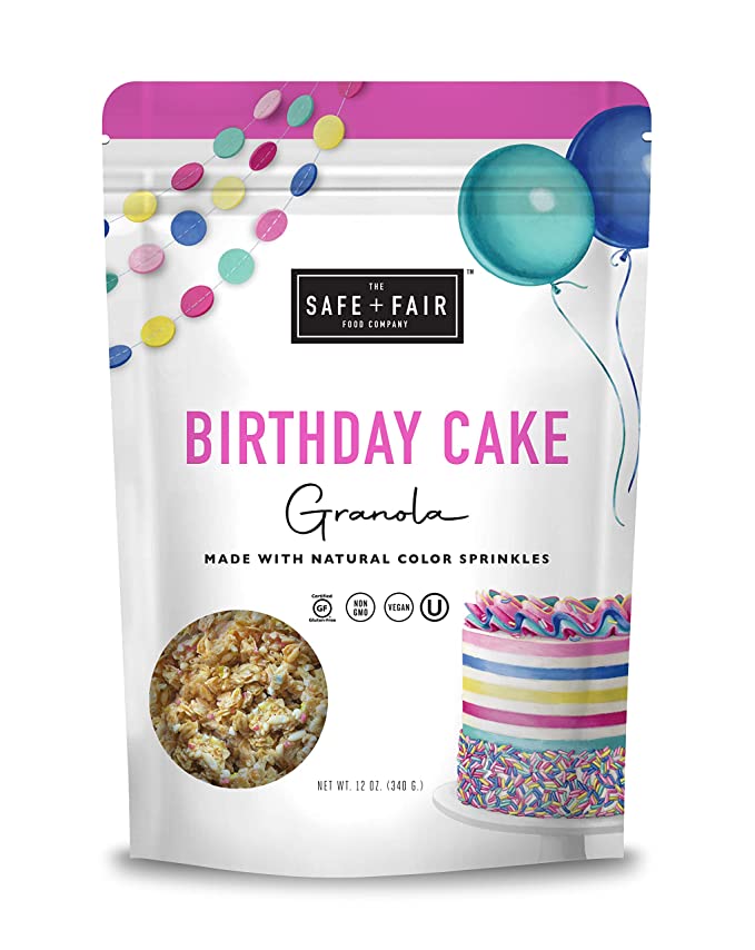  Safe + Fair Gluten-Free Birthday Cake Granola - Grain-Free + Dairy-Free Snacks - Birthday Cake Flavored Snacks - Free From The Top 9 Allergens (12oz Pack) - 858438003854