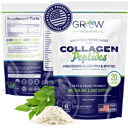 Grow Vitamin Collagen Powder - Collagen Peptides with All-Natural Hydrolyzed Protein - Collagen Peptides Powder for Hair Nail and Skin Support - Collagen Peptides Protein Powder for Joint Support - 859327007007