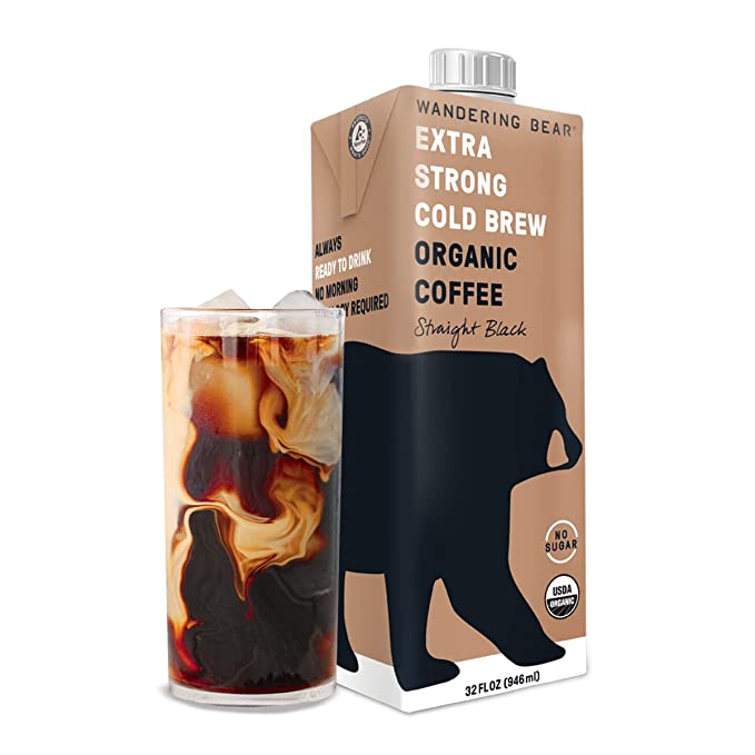 Wandering Bear Extra Strong Organic Cold Brew Coffee, Straight Black, 32 fl oz, 1 pack - Smooth, Organic, Unsweetened, Shelf-Stable, and Ready to Drink Cold Brew - 859336007135
