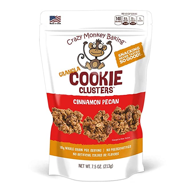  Crazy Monkey Baking Granola Cookie Clusters - Whole Grain and Wheat Free Granola Bites Usable for Cereal, Yogurt Topper and Snacking - Cinnamon Pecan, 7.5 Ounce Bag - 859621003316