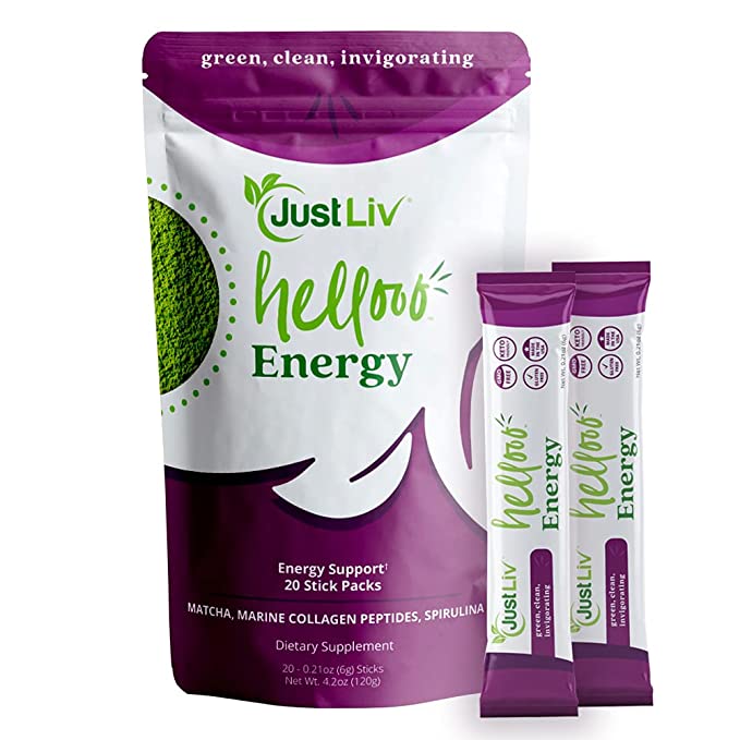  JustLiv Hellooo Energy. Superfood Matcha Green Tea Powder Latte with Marine Collagen Peptides Powder & Spirulina (Blue Green Algae) For Focused Energy All Day. 20 Energy Drink Mix Packets (Pack of 1)  - 860000291828