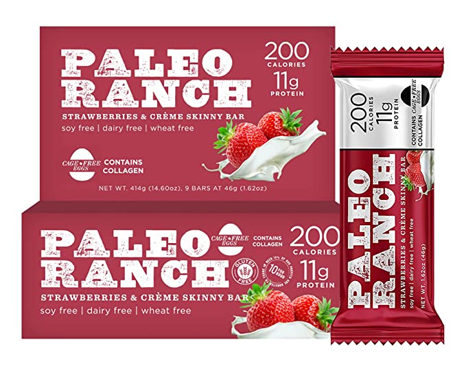  PALEO RANCH Protein Skinny Bar, Cage-Free Egg White Protein, Grass-Fed Beef Collagen, Gluten Free, Soy Free, 1.62 Ounce, Strawberries & Crème, 9-count Protein Bars  - 860000911788