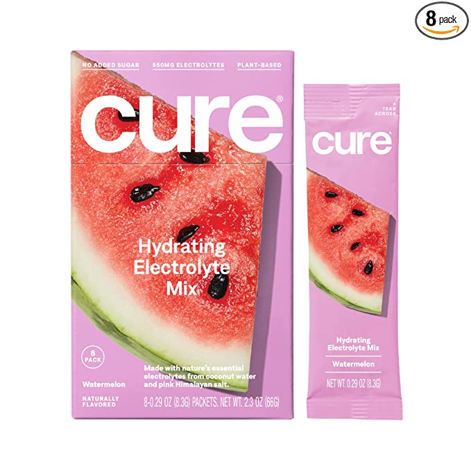  Cure Hydrating Electrolyte Mix | Electrolyte Powder for Dehydration Relief | Made with Coconut Water | No Added Sugar | Vegan | Paleo Friendly | Box of 8 Hydration Packets - Watermelon Flavor  - 860001535617