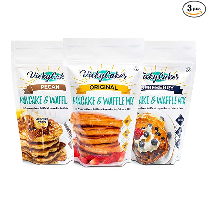 Vicky Cakes Pancake & Waffle Mix Variety Bundle - Original, Blueberry and Pecan | Light & Fluffy, Dairy-Free, Vegan-Friendly, Non-GMO | Pack of 3 - 860002763767