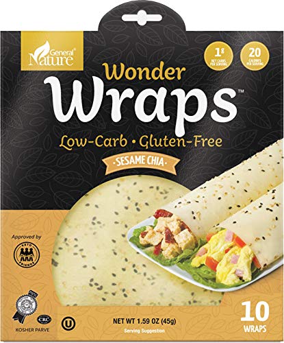 Wonder Wraps -Sesame Chia- Low Carb Keto Tortillas | Non-GMO Kosher Low Calorie Burrito Wraps | Perfect for Weight Loss | Delicious Gluten Free, Soy and Nut Free, Vegetarian Food -1 Pack/10 Thin Wraps - 860002847443