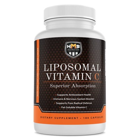 Premium 1600mg Liposomal Vitamin C - HMS Nutrition - Superior Absorption Immune and Nervous System Booster Fat Soluable 180 Capsules 90 Day Supply Non-GMO Soy Dairy Gluten Free - 860003543818