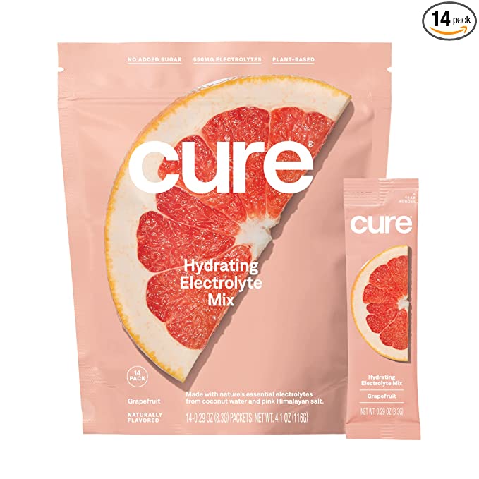  Cure Hydrating Electrolyte Mix | Electrolyte Powder for Dehydration Relief | Made with Coconut Water | No Added Sugar | Vegan | Paleo Friendly | Pouch of 14 Hydration Packets - Grapefruit Flavor  - 860003796344