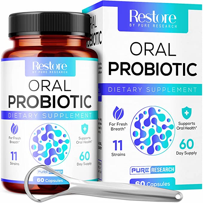  Oral Probiotics for Bad Breath Support, Oral Health Maintenance & Fresh Breath aid - 11 Probiotic Strains, Digestive Enzymes - Supportive Oral Probiotics - Includes Tongue Scraper - 2 Month Supply  - 860004599203