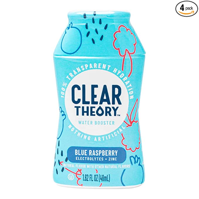  Clear Theory Water Flavoring Drops with Electrolytes, Water Enhancer Liquid Flavored Water Drink Mix, Hydration for Kids, Vegan, Gluten Free, Low Calorie, Blue Raspberry, 4 Pack, 1.62 Fl Oz Bottles  - 860005296781