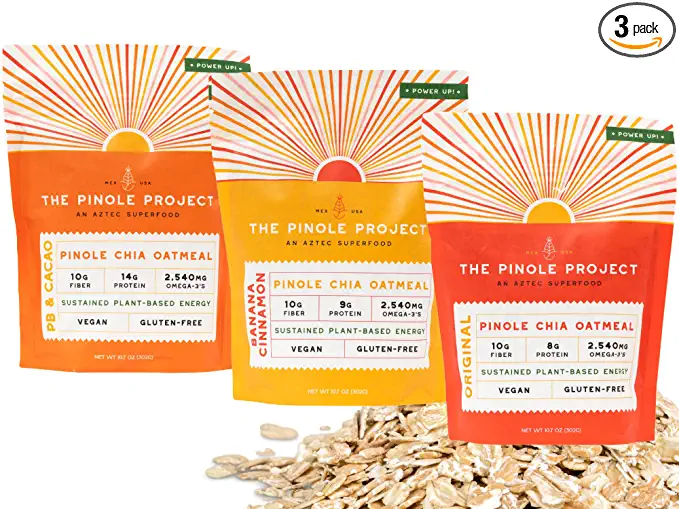 Pinole Chia Oatmeal Variety 3-Pack (15 Servings) | High Protein & Fiber Aztec Superfood | Performance Workout Meal, 32.1oz - 860006157432