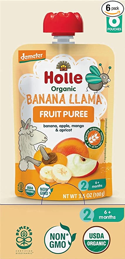 Holle Organic Baby Food - Banana Lama - Non GMO - banana, apple, mango & apricot - Box of 6 Pouches - 860007061530