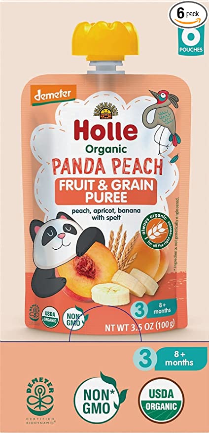  Holle Organic Baby Food - Panda Peach - Non GMO - peach, apricot, banana with spelt - Case of 6 Pouches  - 860007061554