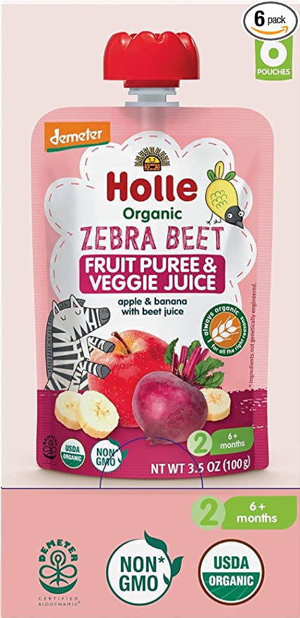 Holle Organic Baby Food - Zebra Beet - Non GMO - apple & banana with beetroot - Case of 6 Pouches - 860007061578