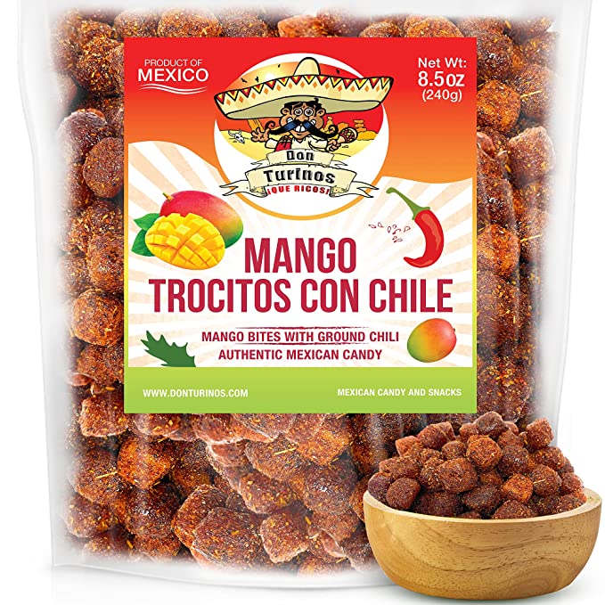  Authentic Chili Mango Mexican Candy Bites, Mango Con Chile Trocitos, A Sweet, Tangy and Spicy Treat. Dulce De Mango 8.5 oz. Bag by Don Turinos  - 860007512049
