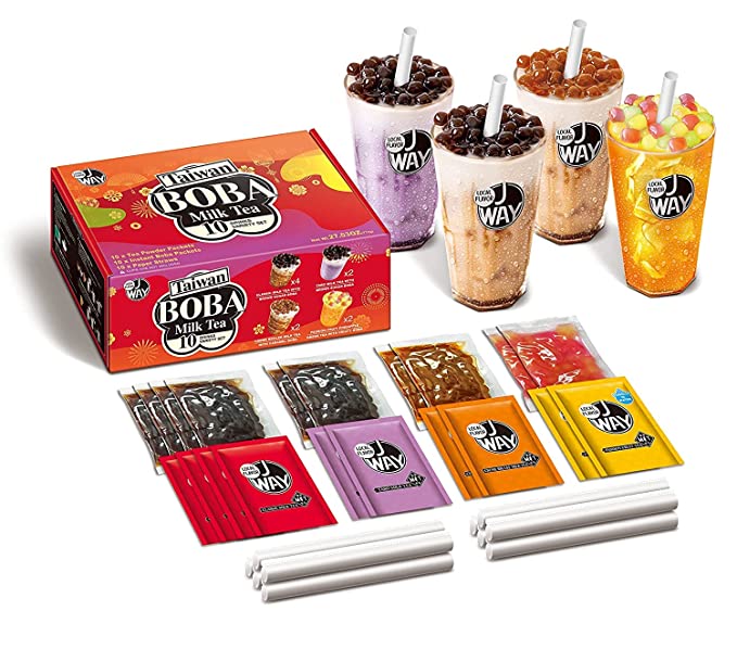  J WAY Instant Boba Bubble Pearl Variety Milk Tea Fruity Tea Kit with Authentic Brown Sugar Caramel Fruity Tapioca Boba, Ready in Under One Minute, Paper Straws Included - Gift Box - 10 Servings  - 860007734502