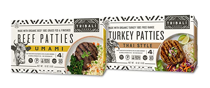  TRIBALÍ Foods - NAE 100% Grass-Fed & Free-Range Patties, 12 Box Variety - 6 Thai Style Turkey + 6 Umami Beef - 4 Patties per Box (24 Turkey & 24 Beef Patties)  - 860447001547