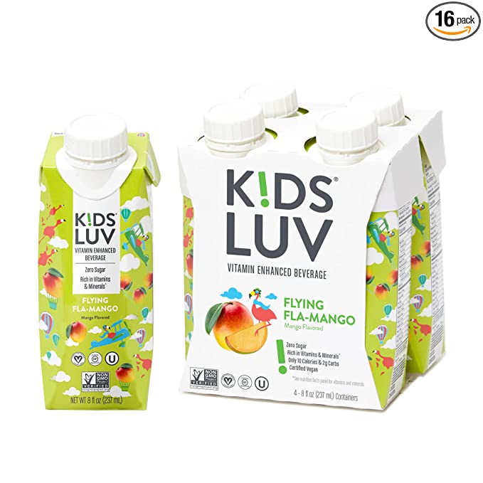 KidsLuv Vitamin Enhanced drinks, Pack of 16, Flying Fla-Mango, Zero Sugar, Certified Non-GMO, Vegan and Kosher, 8 ounce, Resealable, Recyclable, Strawfree, Tetra Pak drink boxes - 860564000416