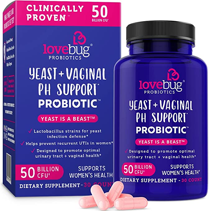  Lovebug Yeast + Vaginal pH Support | Clinically Studied Ingredients for Yeast & UTIs | Multi Strain 50 Billion CFU | 30 Capsules  - 864377000106