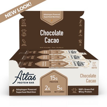 Atlas Bar, Keto Friendly & Grass Fed Whey Protein Bar, Chocolate Cacao, 15g Protein, 10 Bars - 868361000370