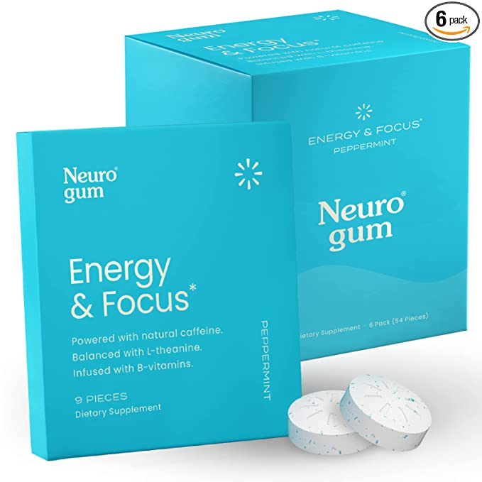Neuro Gum | Nootropic Energy Caffeine Gum | 40mg Caffeine + 60mg L-theanine + B Vitamins for Energy and Focus | Sugar Free + Vegan + Keto | Caffeine Supplement for Adults Mint Flavor (54 Gums) - 869657000043