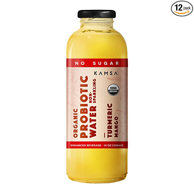 KAMSA Turmeric Mango Organic Probiotic Water, Non-Sparkling, 2 Billion CFUs of B. Coagulans, No Sugar, 0 Calories, No Stevia, No Sugar Alcohols, 14 Ounce, Pack of 12  - 869689000417