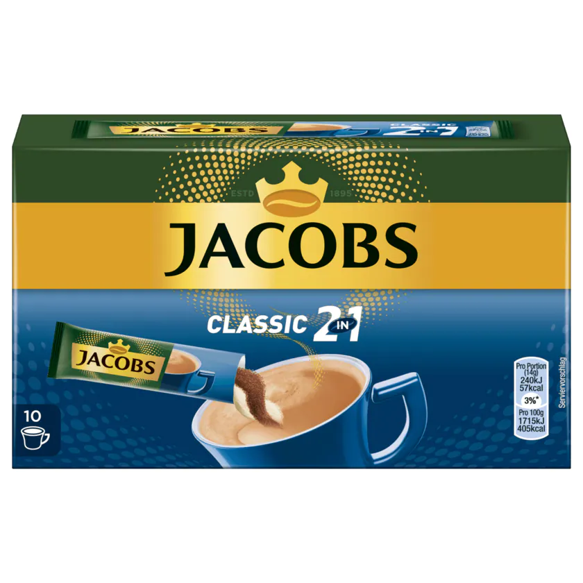 Jacobs Kaffeespezialitäten 2 in1, 10 Sticks mit Instant Kaffee - 8711000506417