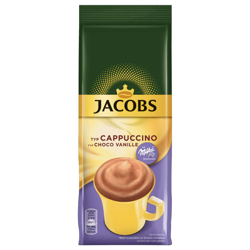 Jacobs Cappuccino Choco Vanille, Kaffeespezialitäten im Nachfüllbeutel 500g - 8711000524640