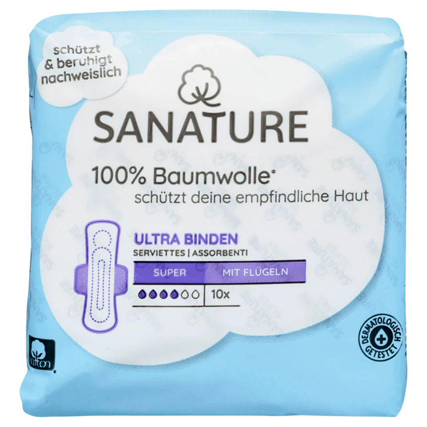 Sanature Ultra Binden 100% Baumwolle Super mit Flügeln 10 Stück - 8717677381388