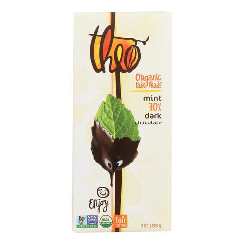 Theo Chocolate Organic Chocolate Bar - Classic - Dark Chocolate - 70 Percent Cacao - Mint - 3 Oz Bars - Case Of 12 - 874492000684