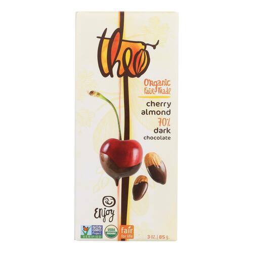 Theo Chocolate Organic Chocolate Bar - Classic - Dark Chocolate - 70 Percent Cacao - Cherry And Almond - 3 Oz Bars - Case Of 12 - 874492000707