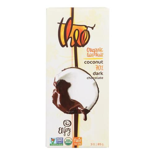 Theo Chocolate Organic Chocolate Bar - Classic - Dark Chocolate - 70 Percent Cacao - Coconut - 3 Oz Bars - Case Of 12 - 874492001360