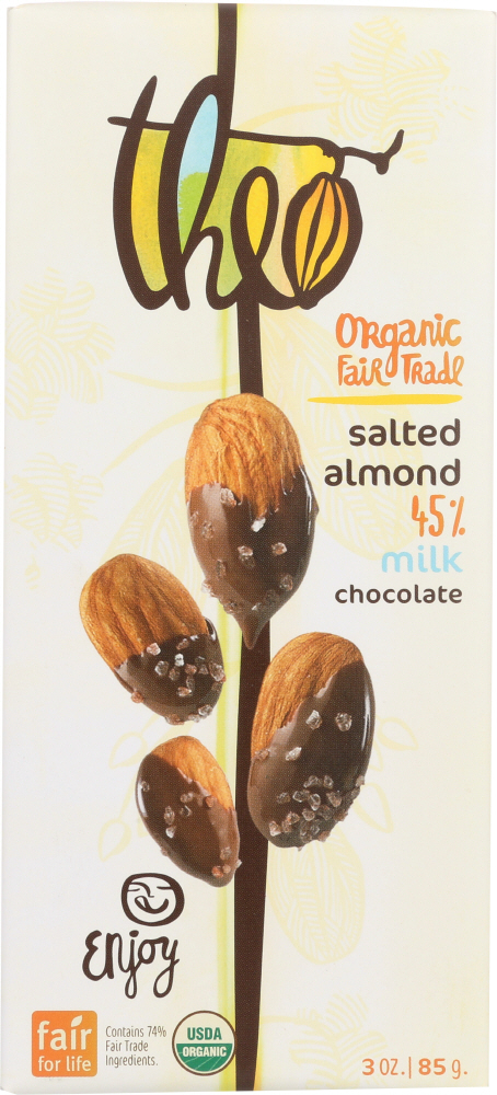 Theo Chocolate Organic Chocolate Bar - Classic - Milk Chocolate - 45 Percent Cacao - Salted Almond - 3 Oz Bars - Case Of 12 - 874492001377