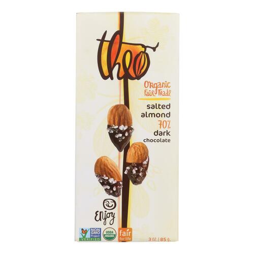 Theo Chocolate Organic Chocolate Bar - Classic - Dark Chocolate - 70 Percent Cacao - Salted Almond - 3 Oz Bars - Case Of 12 - 874492001704