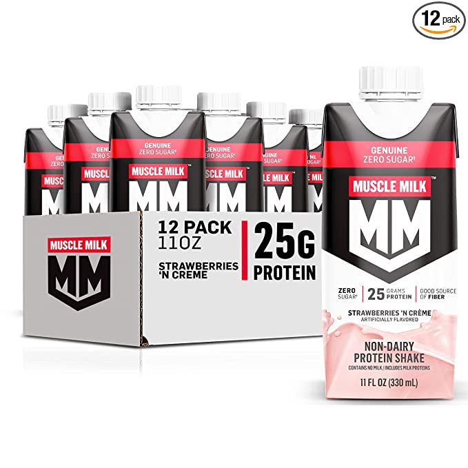 Muscle Milk Genuine Protein Shake, Strawberries 'n Crème, 11 Fl Oz Carton, 12 Pack, 25g Protein, Zero Sugar, Calcium, Vitamins A, C & D, 5g Fiber, Energizing Snack, Workout Recovery, Packaging May Vary - 876063003896