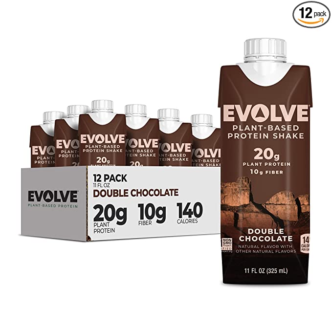 Evolve Plant Based Protein Shake, Double Chocolate, 20g Vegan Protein, Dairy Free, No Artificial Sweeteners, Non-GMO, 10g Fiber, 11 Fl Oz (Pack of 12) - (Formula May Vary) - 876063007931
