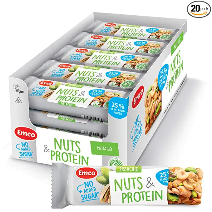 Pistachio Nuts & Protein Bars by Emco | Keto Snacks | Gluten Free, Low Carb, No Added Sugar, Vegan, Kosher | Plant-Based Protein Snack | 20 Individually Wrapped Snack Bars - 878790001152