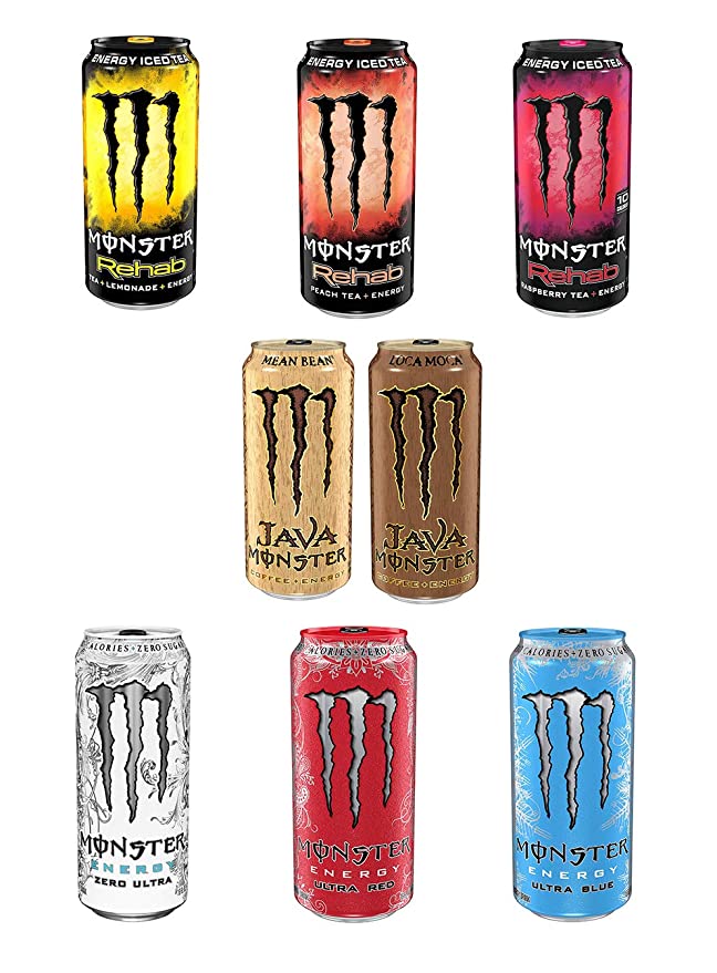 LUV BOX - Monster Energy Variety Cans Pack, 16pk, Rehab Tea Lemonade, Peach, Raspberry, Java Mean Bean, Loca Moca , Zero Ultra, Ultra Red, Ultra blue - 880269981605