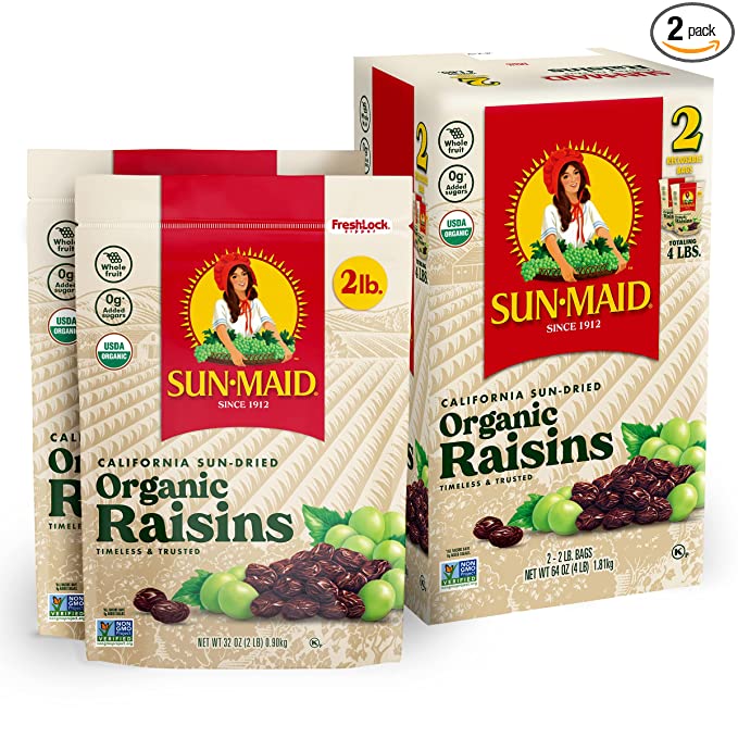  Sun-Maid Organic California Raisins Snack |Whole Natural Dried Fruit | No Sugar Added | Naturally Gluten Free | Non-GMO | Vegan And Vegetarian Friendly, 32 Ounce Bags (Pack Of 2)  - 041143029053