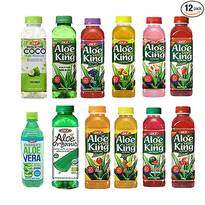 OKF Aloe Vera King Drink – Flavor includes Coco, Original, Grape, Mango, Pineapple, Watermelon, Pomegranate, Gold Kiwi, Peach, Strawberry, and Sugar Free Aloe Vera Juice (12 Flavors) (Pack of 12) - 884394000705