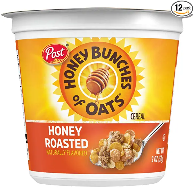 Post Honey Bunches of Oats Honey Roasted, Portable Cereal Cups To Go, Whole Grain, Low Fat Breakfast Cereal, 2.1 Ounce (Pack of 12) Cups - 884912990235