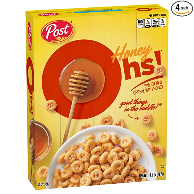  Post Honey Ohs! cereal, Filled Ohs Breakfast Cereal, Breakfast Snacks, 10.5 oz (Pack of 4) - 884912389336