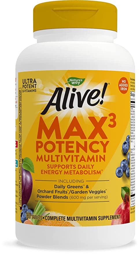  Nature's Way Alive! Max3 Potency Multivitamin, High Potency B-Vitamins, No Iron, 180 Tablets  - 885289984759