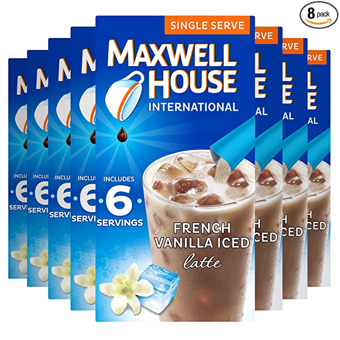  Maxwell House International French Vanilla Iced Latte Café-Style Single Serve Instant Coffee Beverage Mix (48 ct Pack, 8 Boxes of 6 Sticks)  - 885229886372