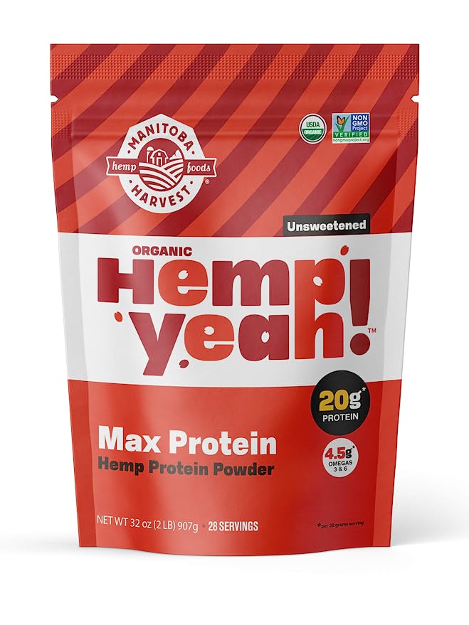 Manitoba Harvest Hemp Yeah! Organic Max Protein Powder, Unsweetened, 32oz; with 20g protein and 4.5g Omegas 3&6 per Serving, Keto-Friendly, Preservative Free, Non-GMO - 697658691034
